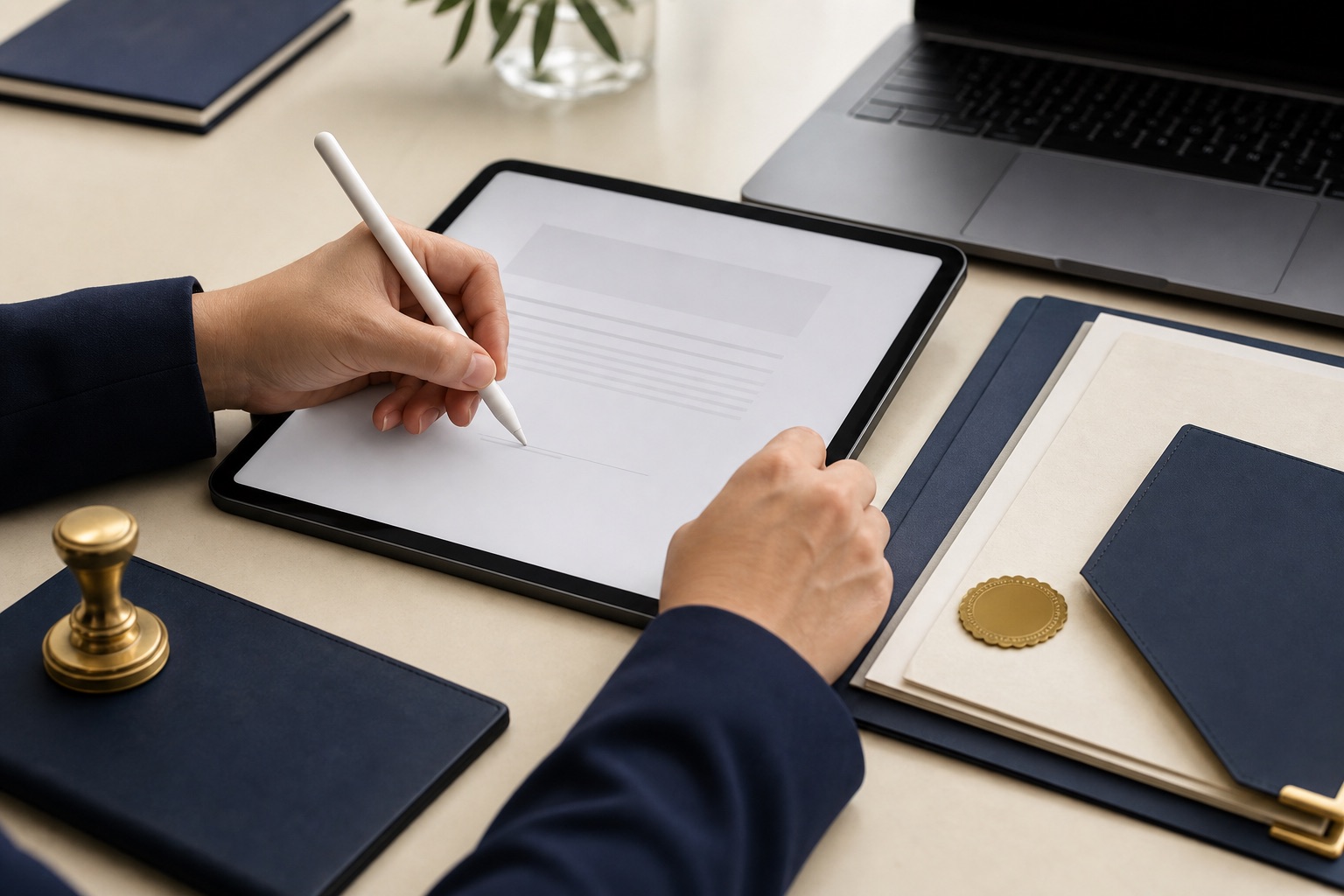 Face-free electronic notary setup with stylus, tablet, laptop, folder, and seal