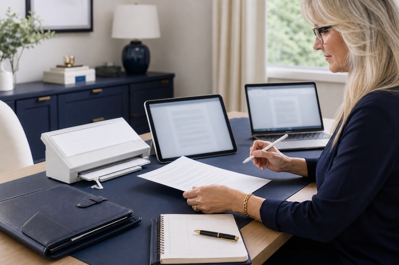 Electronic notary workstation with a tablet, laptop, and document folder