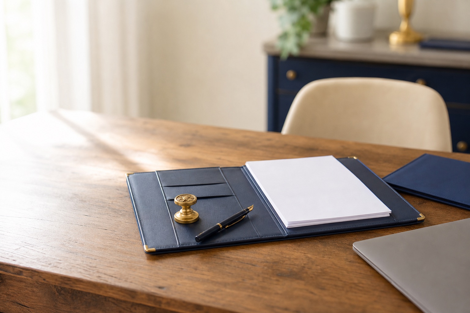 Face-free notary table with a navy folio, gold seal, pen, and blank document pages