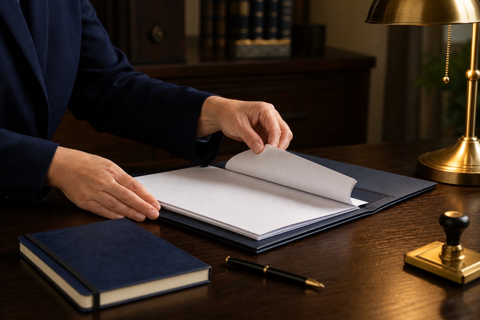 Face-free legal document binder with hands, notary journal, pen, and warm desk lamp