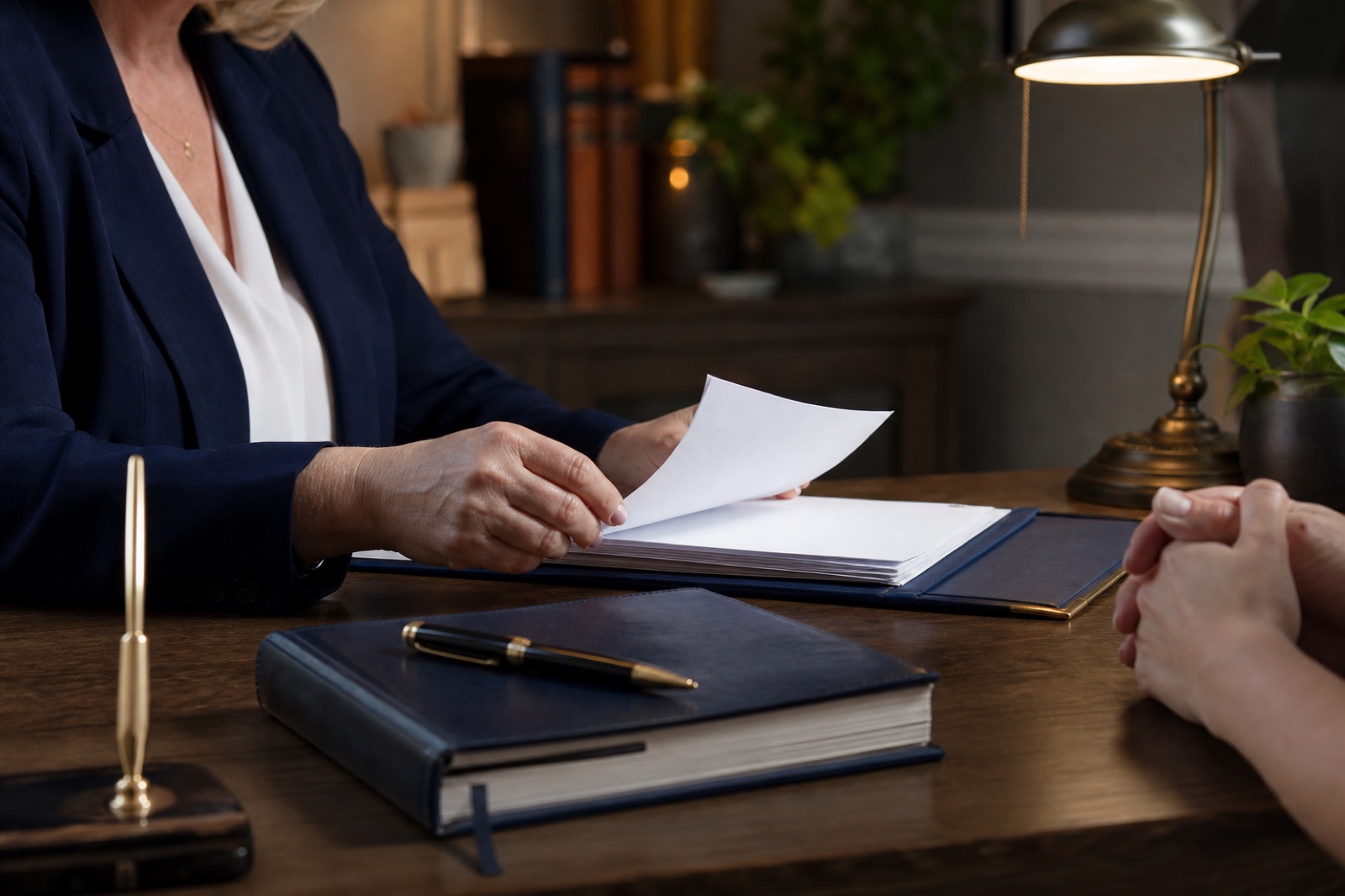 Legal document folder and notary journal arranged on a home office desk