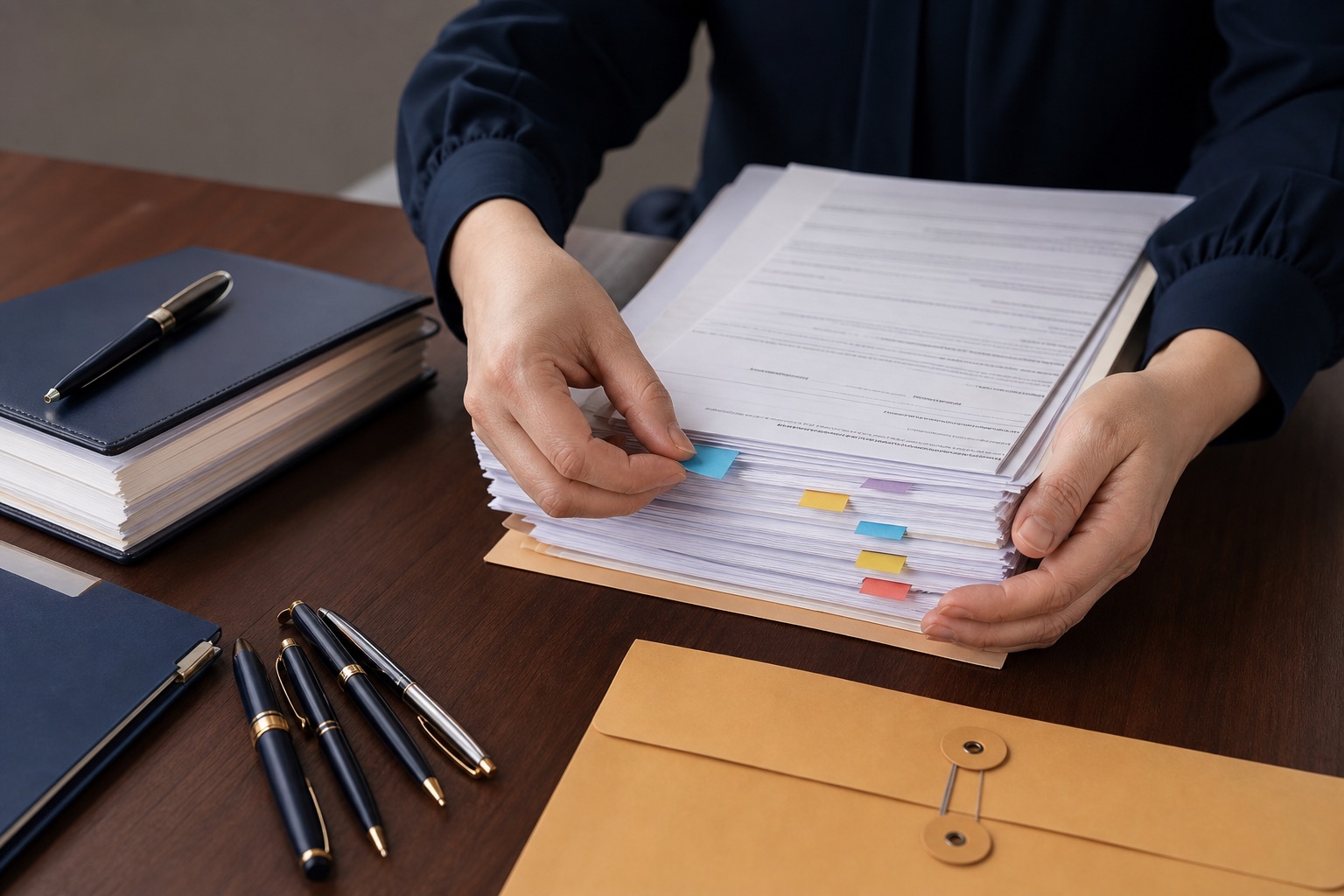 Face-free loan signing packet with colored tabs, pens, journal, and return envelope