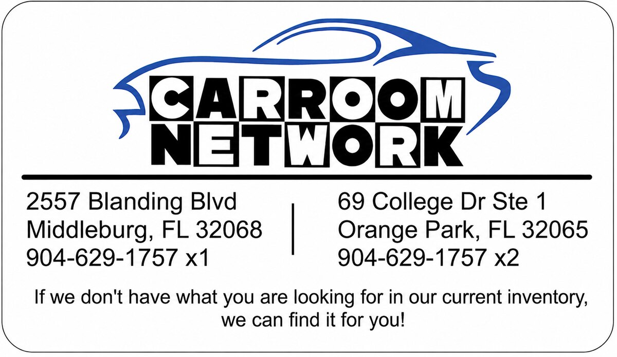 Business card for CarRoom Network, an auto dealer with lots in Middleburg and Orange Park, Florida
