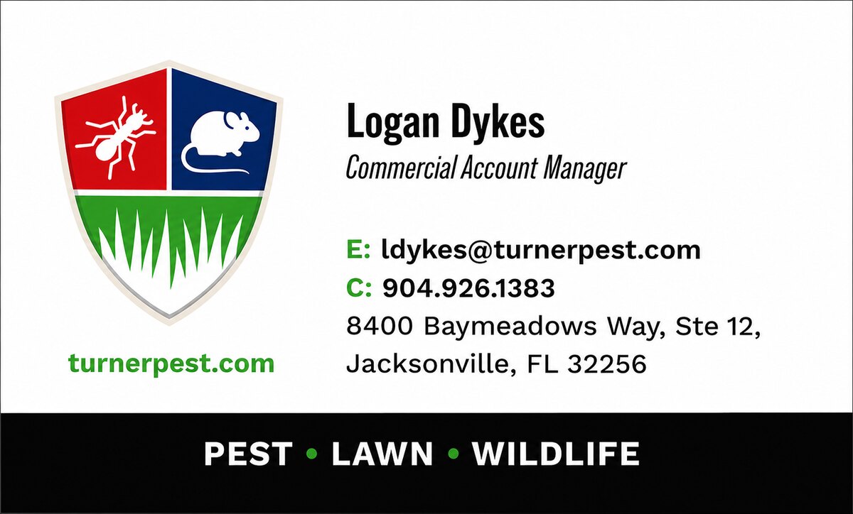 Business card for Turner Pest Control in Jacksonville, Florida, covering pest, lawn, and wildlife services