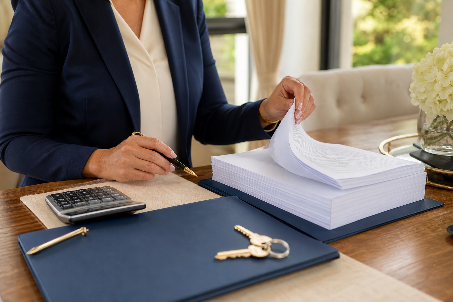 Face-free mortgage signing table with document packet, calculator, folder, and keys