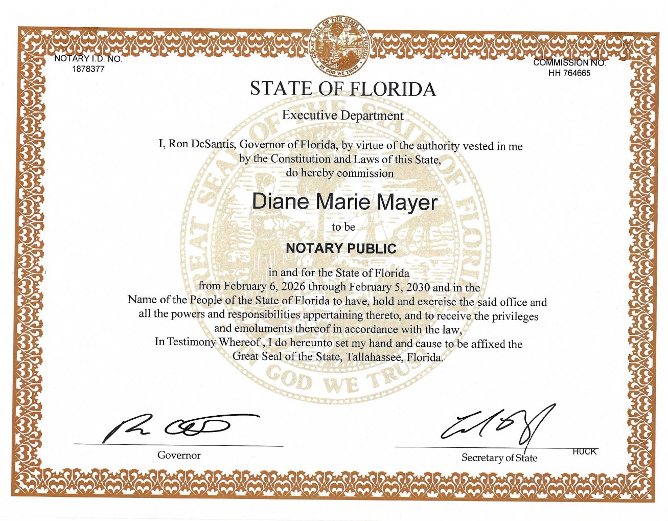 Florida Notary Public commission certificate supplied for Diane Mayer