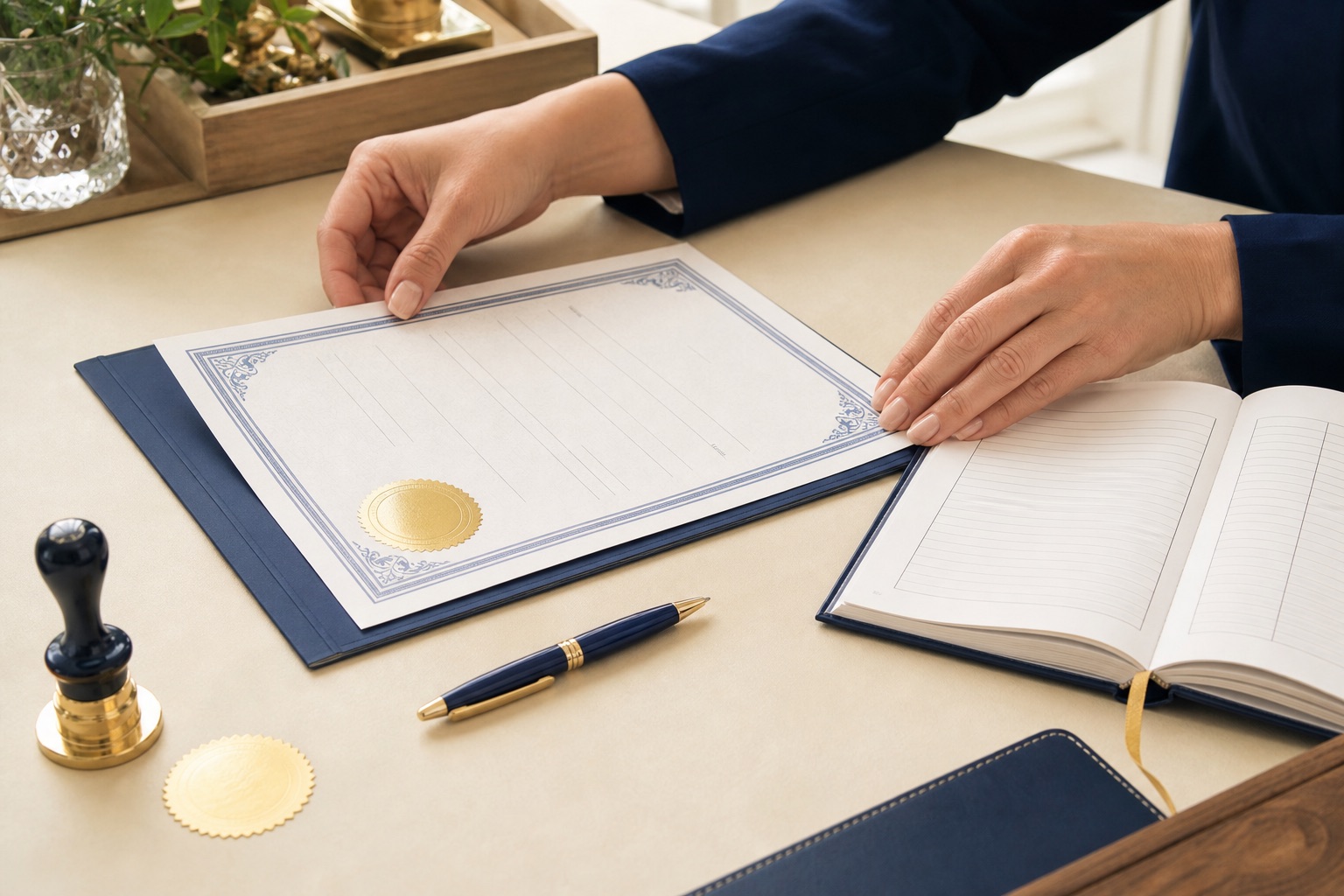 Face-free public notary appointment setup with an acknowledgment certificate, journal, and seal