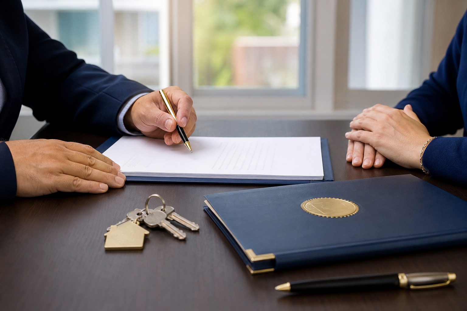 Face-free real estate closing table with keys, closing papers, folder, and seal