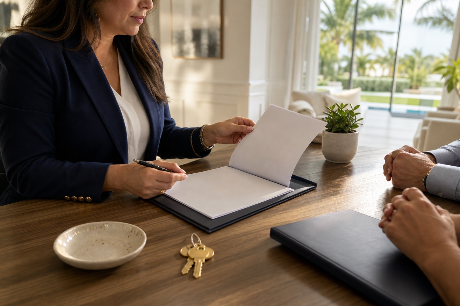 Real estate closing documents and keys arranged for a notary appointment